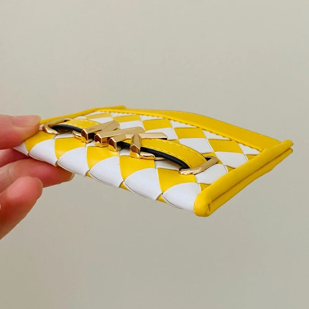$258 NWOT Michael Kors Reed Yellow White Woven Leather Card Holder Mini Wallet